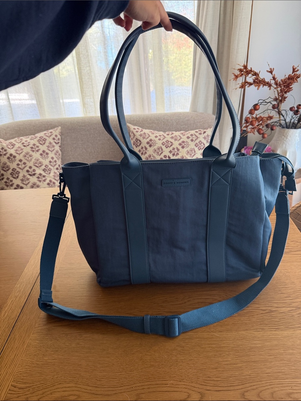 Poppy & Peonies Daily Tote in Navy with Detachable Strap